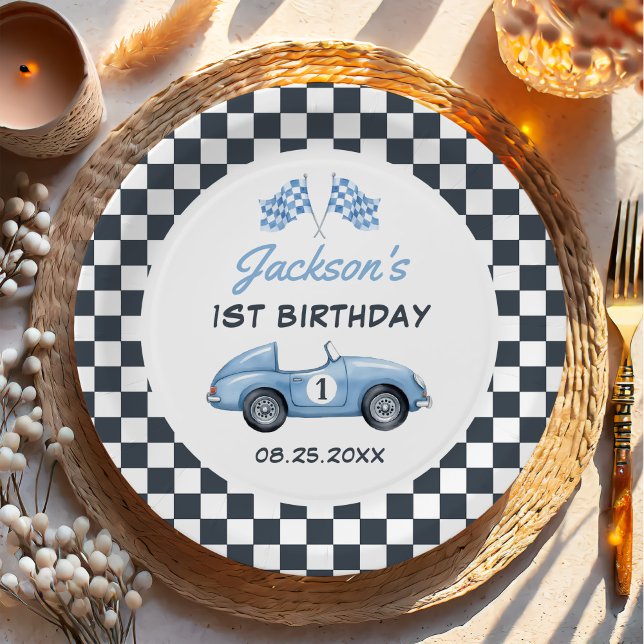 Blue Race Car Boy 1st Birthday Paper Plate (Creator Uploaded)