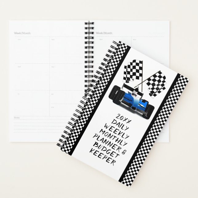 Blue Race Car Chequered Flag Planner (Display)