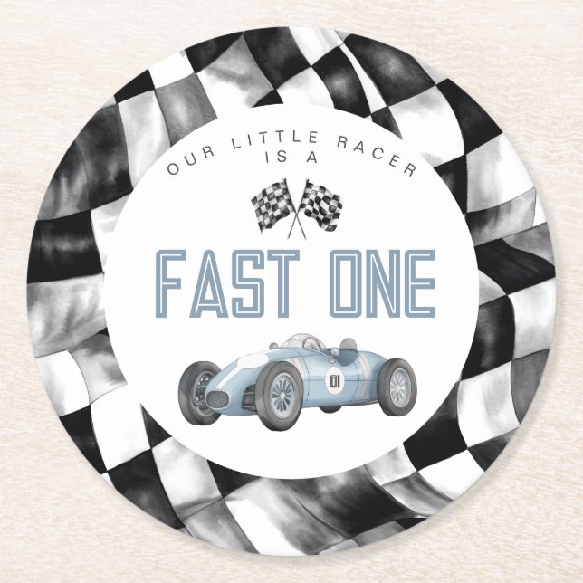 Blue Race Car Fast One 1st birthday party Round Paper Coaster (Front)