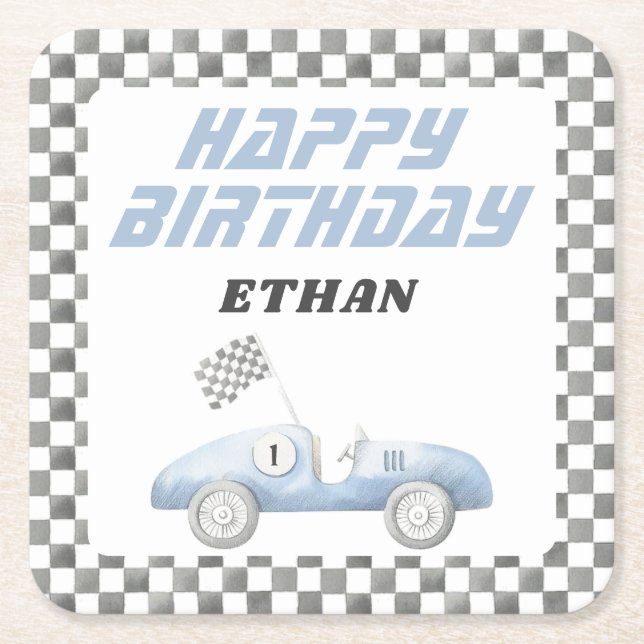 Blue Race Car Fast ONE Boy Birthday Square Paper Coaster (Front)