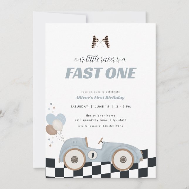 Blue Race Car Fast One First Birthday Invite  (Front)