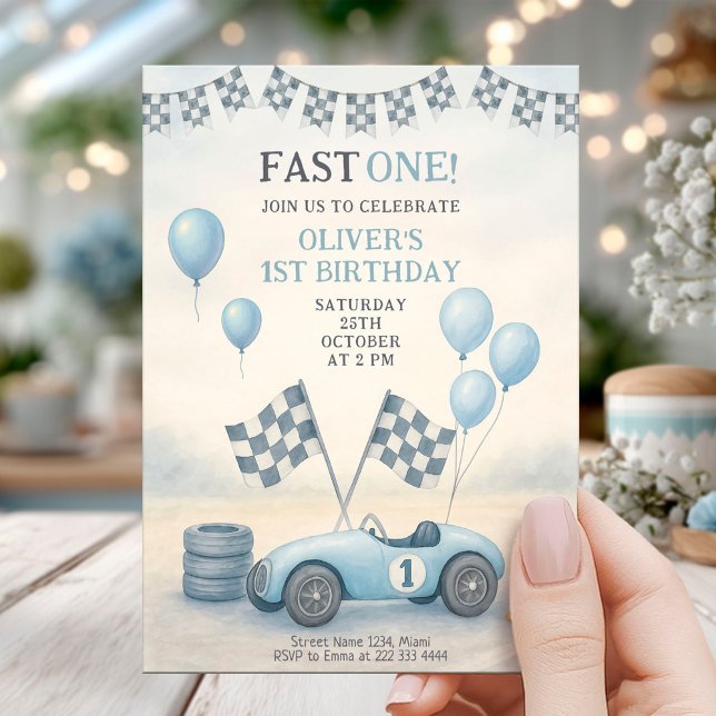 Blue Race Car First Birthday Invitation (Creator Uploaded)