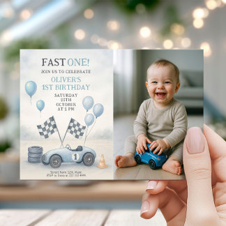 Blue Race Car First Birthday Photo Invitation