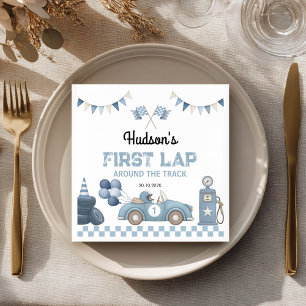 Blue Race Car First Lap Around the Track Birthday Napkin