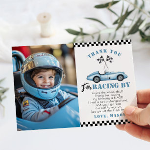 Blue Race Car Photo Anniversaire Carte de remercie