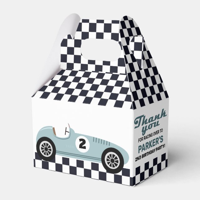 Blue Race Car Racing Birthday Party Chequered Favor Box (Front Side)