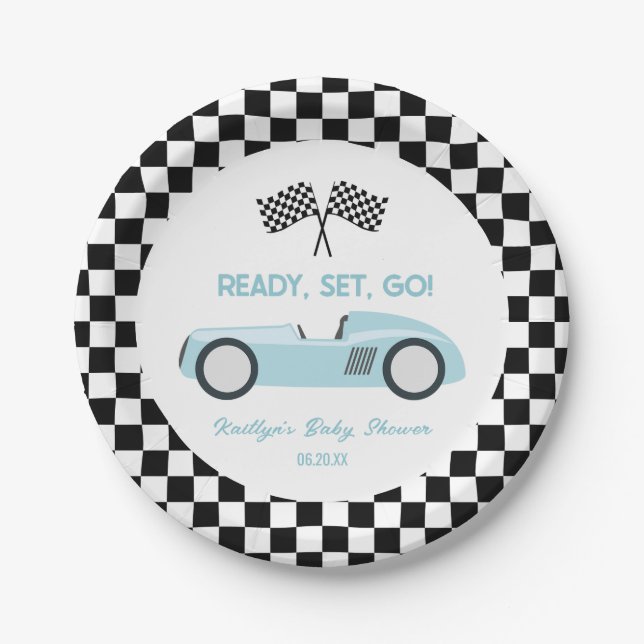 Blue Race Car Ready Set Go Baby Shower Paper Plate (Front)