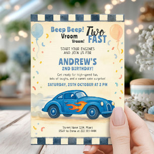 Blue Race Car Second Birthday Invitation