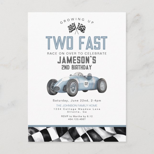 Blue Race Car Two Fast 2nd Birthday Party Invite Postcard (Front)