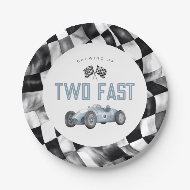 Blue Race Car Two Fast 2nd birthday party Paper Plate (Front)