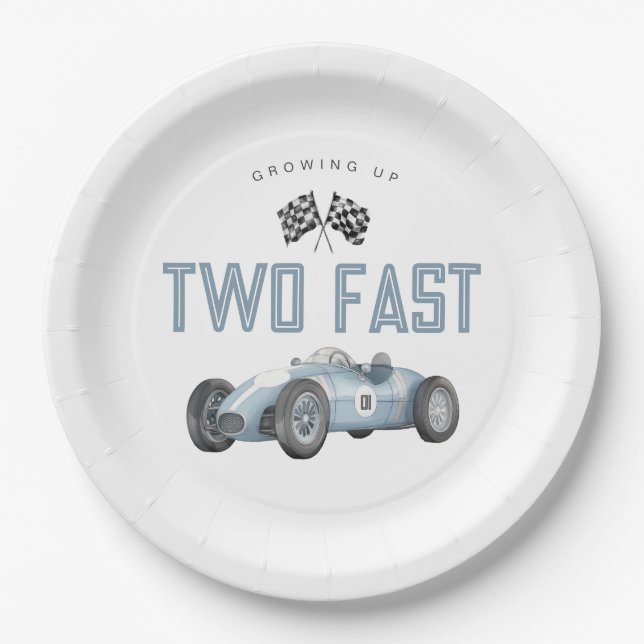 Blue Race Car Two Fast 2nd birthday party Paper Plate (Front)