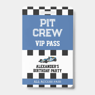Blue Race Car Vip Pass Pit Crew Birthday Party Badge