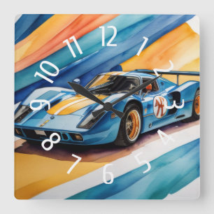 Blue Race Car Watercolor Yellow Square Wall Clock
