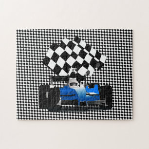 Blue Race Car with Checkered Flag Jigsaw Puzzle