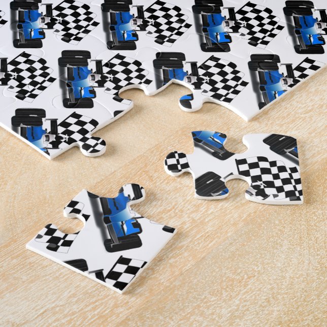 Blue Race Car with Checkered Flag Jigsaw Puzzle (Side)