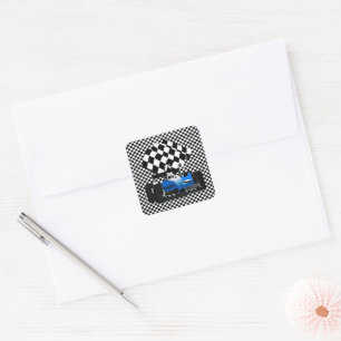 Blue Race Car with Checkered Flag Square Sticker