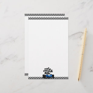 Blue Race Car with Checkered Flag Stationery