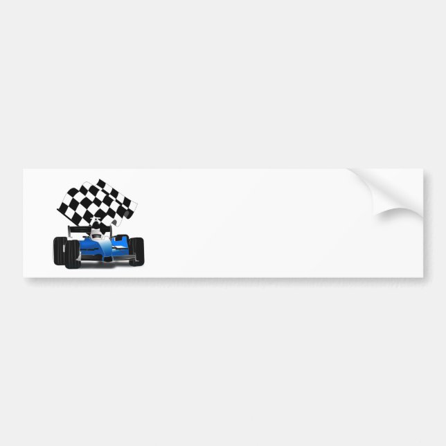 Blue Race Car with Chequered Flag Bumper Sticker (Front)