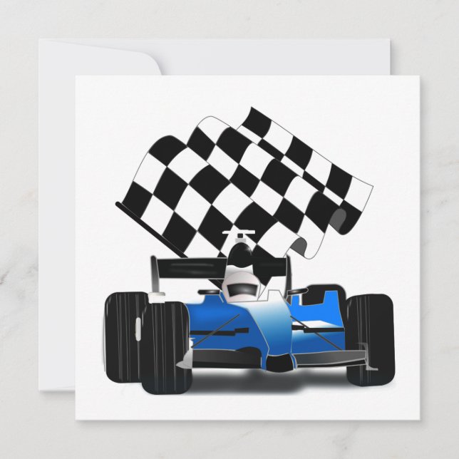 Blue Race Car with Chequered Flag Invitation (Front)