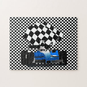 Blue Race Car with Chequered Flag Jigsaw Puzzle