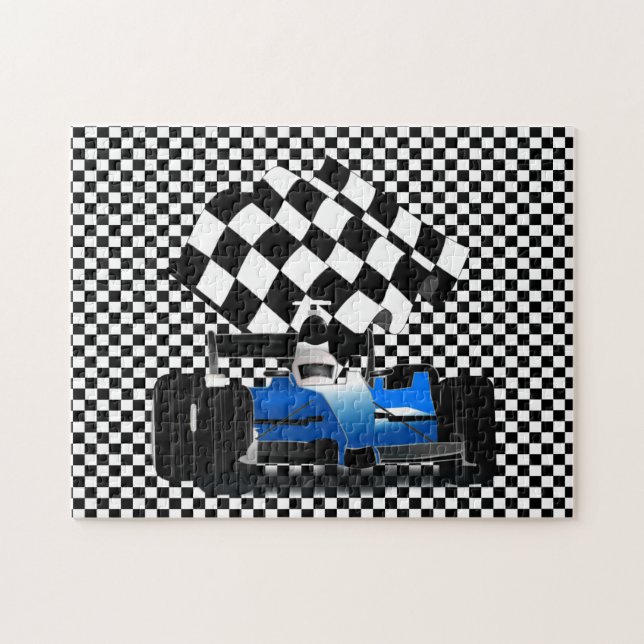 Blue Race Car with Chequered Flag Jigsaw Puzzle (Horizontal)