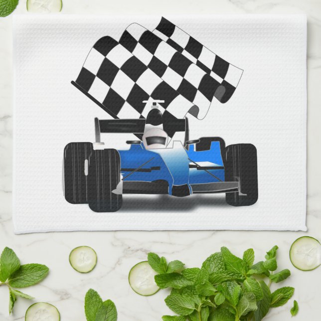 Blue Race Car with Chequered Flag Kitchen Towel (Folded)