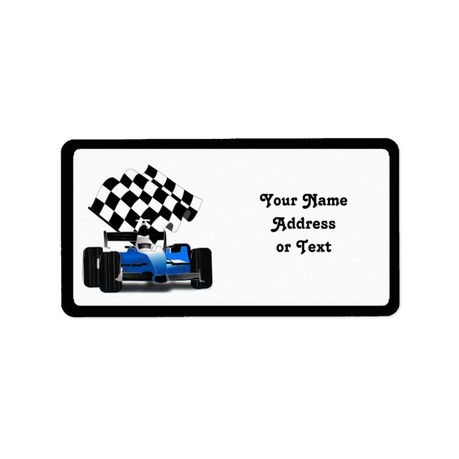 Blue Race Car with Chequered Flag Label (Front)
