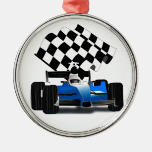Blue Race Car with Chequered Flag Metal Ornament