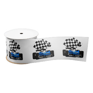 Blue Race Car with Chequered Flag Satin Ribbon