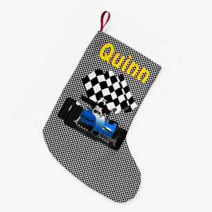 Blue Race Car with Chequered Flag  Small Christmas Stocking