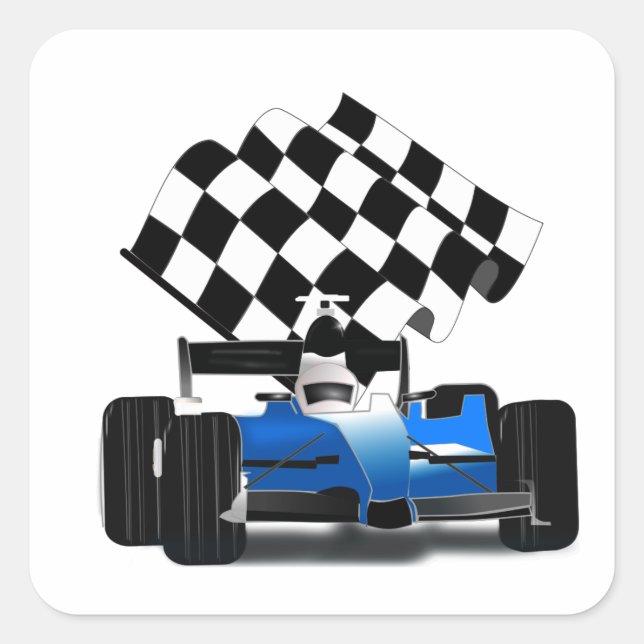 Blue Race Car with Chequered Flag Square Sticker (Front)