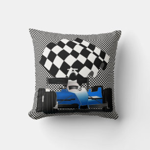 Blue Race Car with Chequered Flag Throw Pillow