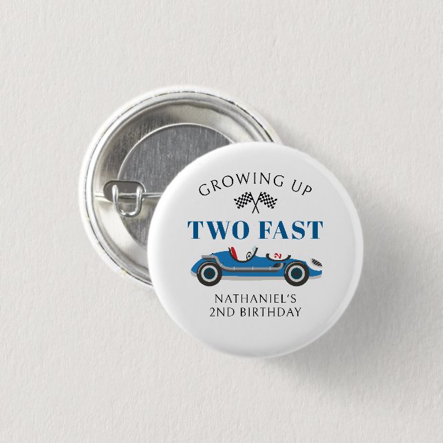 Blue Racing Car 2nd Birthday Party 1 Inch Round Button (Front & Back)