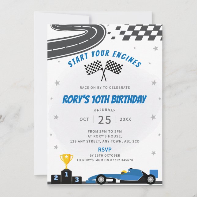 Blue Racing Car Anniversaire Fête Invitation (Devant)