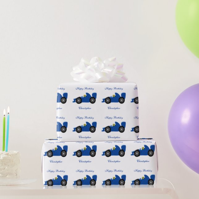 Blue Racing Car Design Birthday Present Wrapping Paper (Party Gifts)