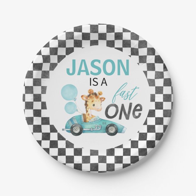 Blue Racing Car Giraffe 1st Birthday Paper Plate (Front)