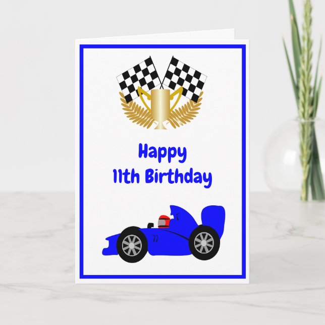 Blue Racing Car Personalised 11th Birthday Card (Front)
