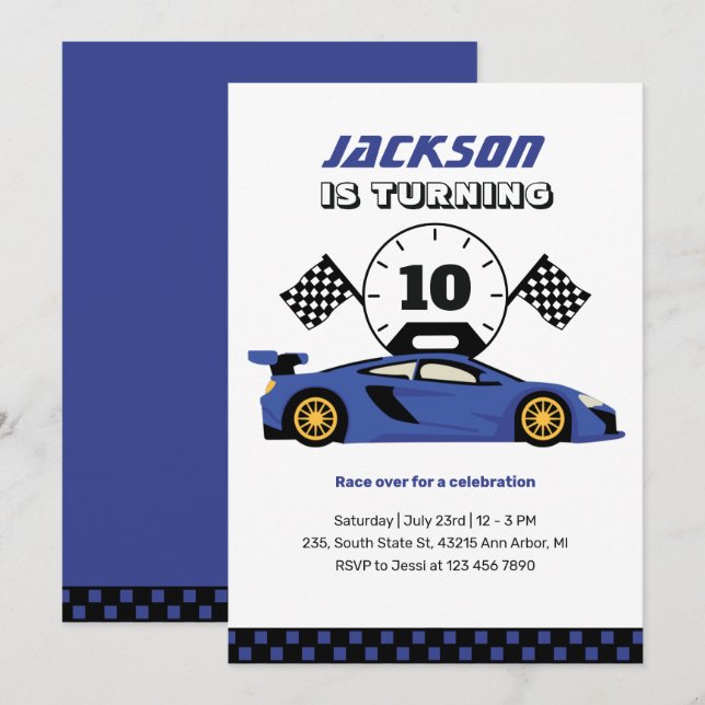 Blue Racing Car Race Kids Boys Birthday Invitation (Front/Back)
