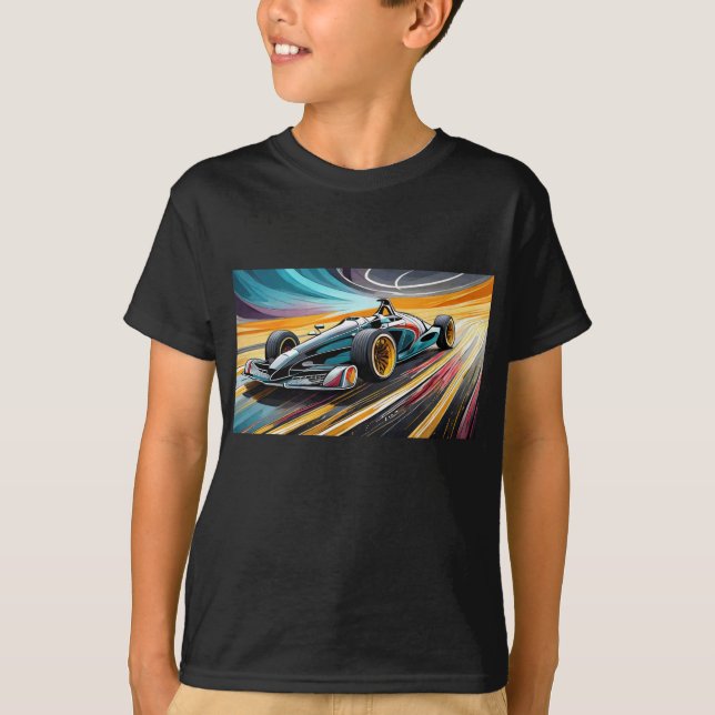 Blue racing car with colourful background T-Shirt (Front)