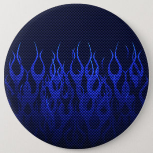 Blue Racing Flames on Carbon Fibre Print 6 Inch Round Button