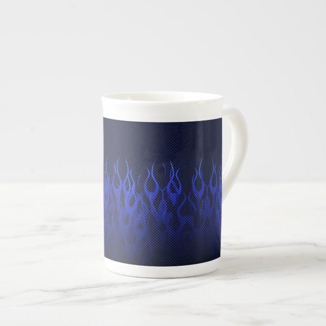 Blue Racing Flames on Carbon Fibre Print Bone China Mug (Front Right)