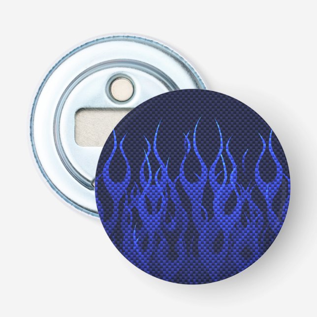 Blue Racing Flames on Carbon Fibre Print Bottle Opener (Front)