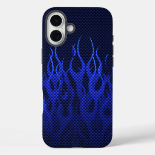 Blue Racing Flames on Carbon Fibre Print iPhone 16 Plus Case
