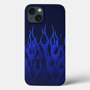 Blue Racing Flames on Carbon Fibre Print iPhone 13 Case