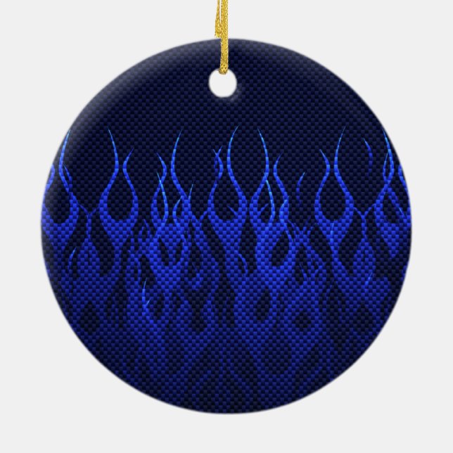 Blue Racing Flames on Carbon Fibre Print Ceramic Ornament (Back)