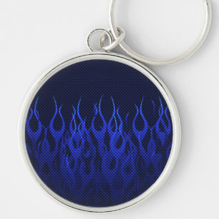 Blue Racing Flames on Carbon Fibre Print Keychain