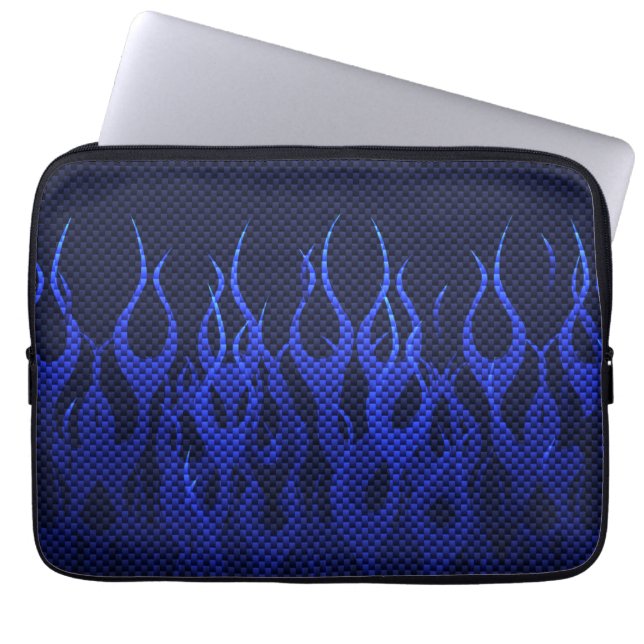 Blue Racing Flames on Carbon Fibre Print Laptop Sleeve (Front)