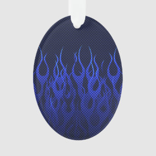 Blue Racing Flames on Carbon Fibre Print Ornament