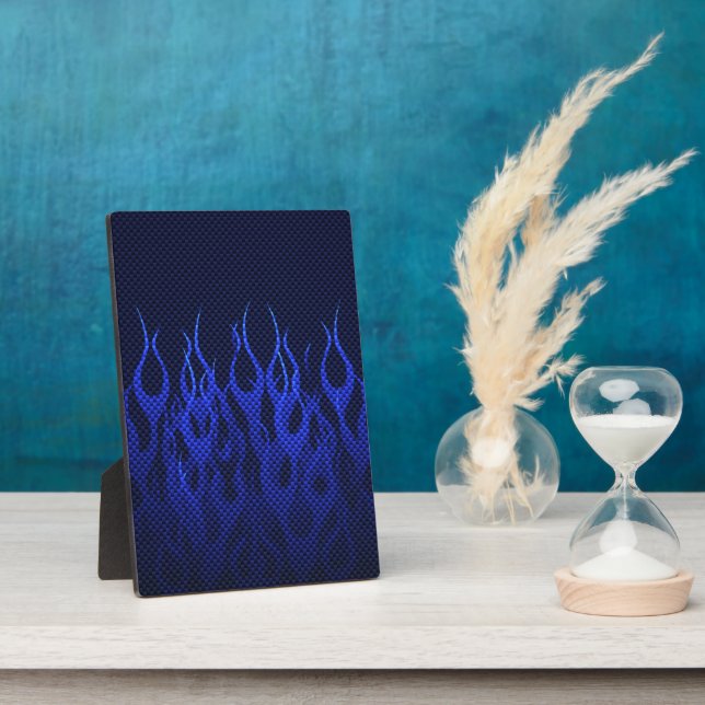Blue Racing Flames on Carbon Fibre Print Plaque (Side)