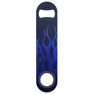 Blue Racing Flames on Carbon Fibre Print Speed Bottle Opener